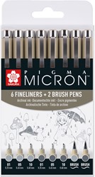 Fineliner Sakura Pigma Micron 6 schrijfbreedtes - 2 brushpen koudgrijs