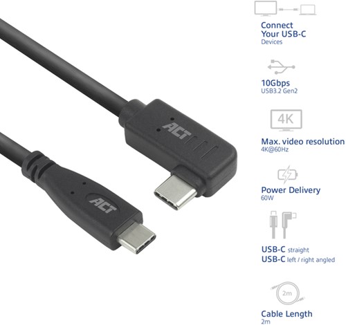 Kabel ACT USB-C standaard naar USB-C hoek 10Gbps 2m-2