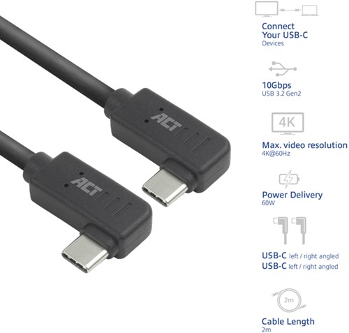 Kabel ACT USB-C hoek links/rechts 10Gbps 2m-3