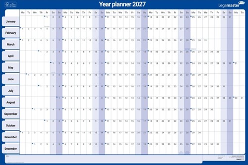 Jaarplanner 2027 Legamaster 90x60cm horizontaal gelamineerd en oprolbaar Engelstalig